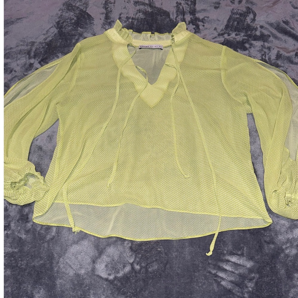 Amaro Lime Green Checkered Sheer Blouse Cold Shoulder Tie Neck Ruffle Top Size M